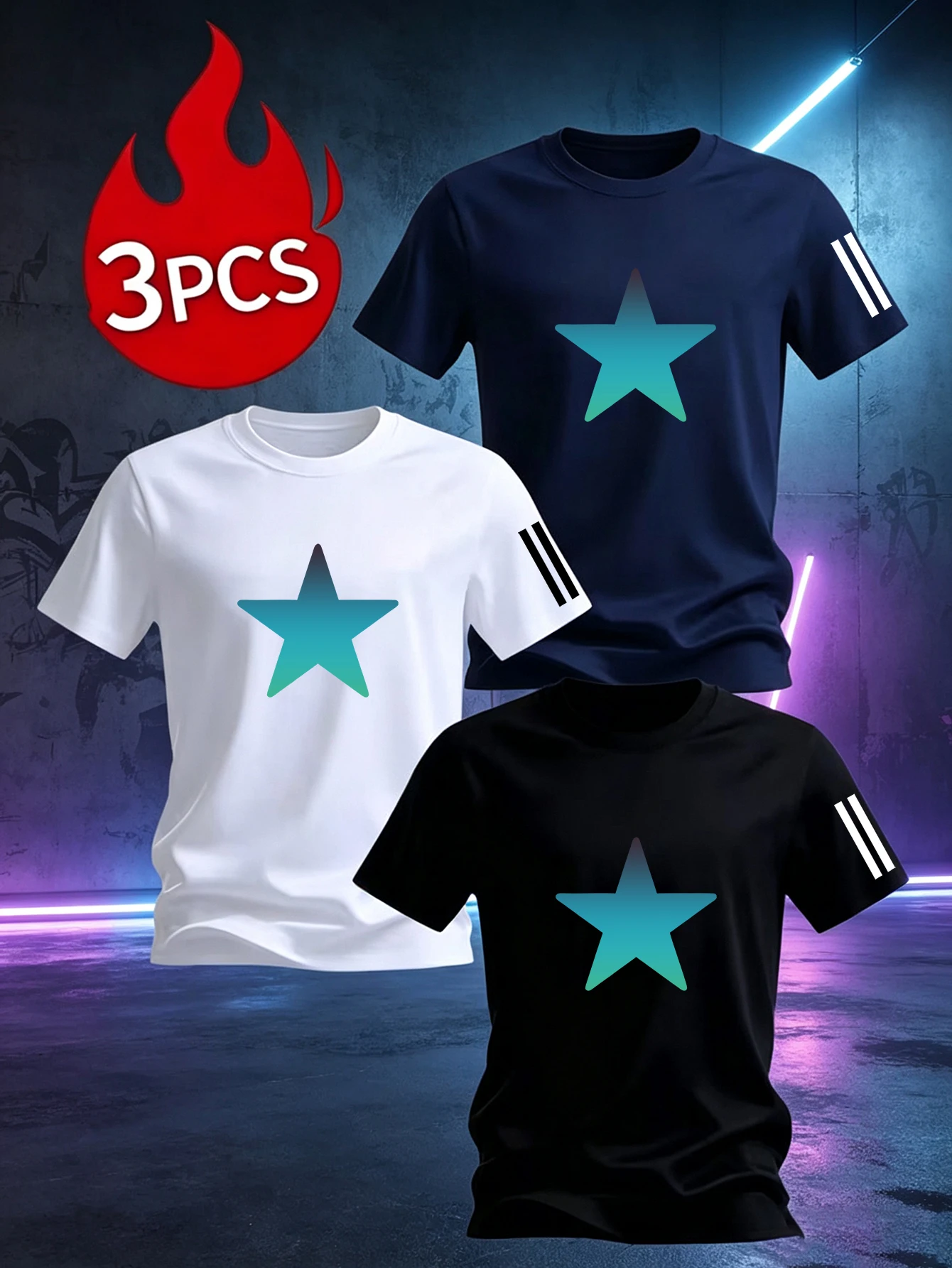 3 Pack Men Simple Gradient Cyan Five-pointed Star Graphic T Shirts Basic Crew Neck Tees