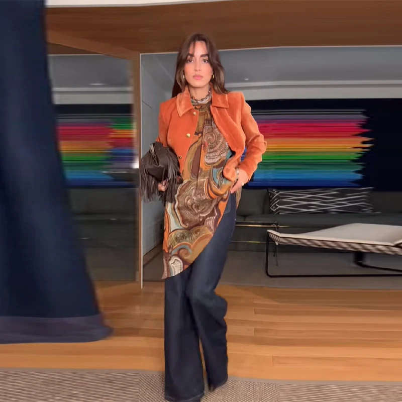 

Women's Orange Lapel Button Jacket Short Long Sleeved Fashion Clothing Commuter Female Coat 2025 Women's New Casual Clothes