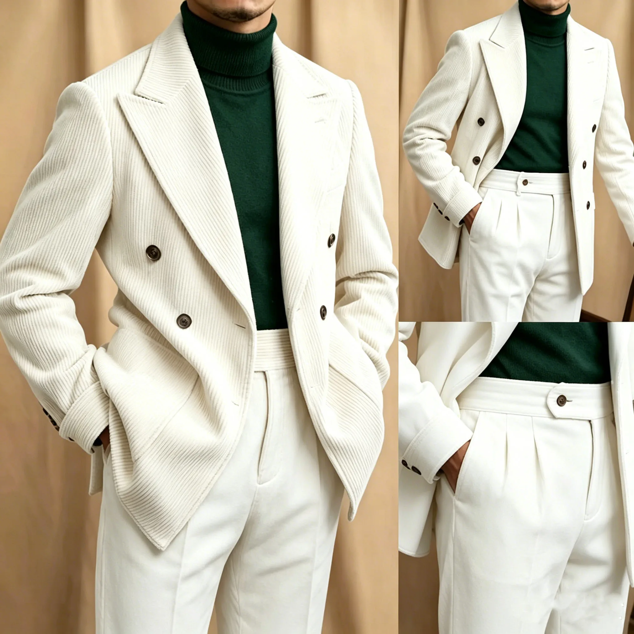 Men's Corduroy Suit Set Double Breasted Lapel Blazer Straight Leg Pants Vintage Coat Business Wedding Grooms Party Custom Tuxedo
