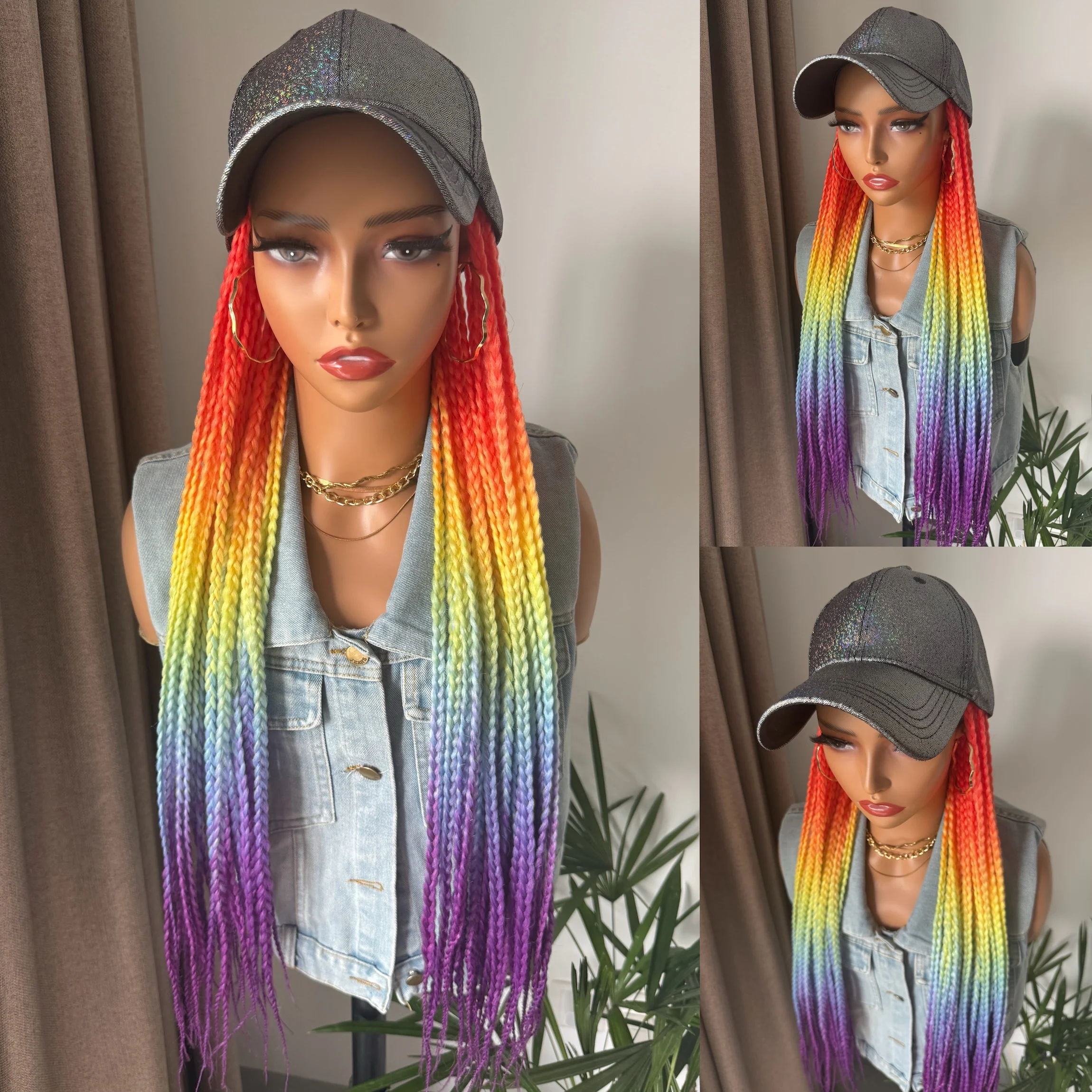 Long Fantasy Rainbow Ombre Box Braided Synthetic Wigs With 24Inch Braiding Hair Extensions Adjustable Hat Sillver Cap For Women