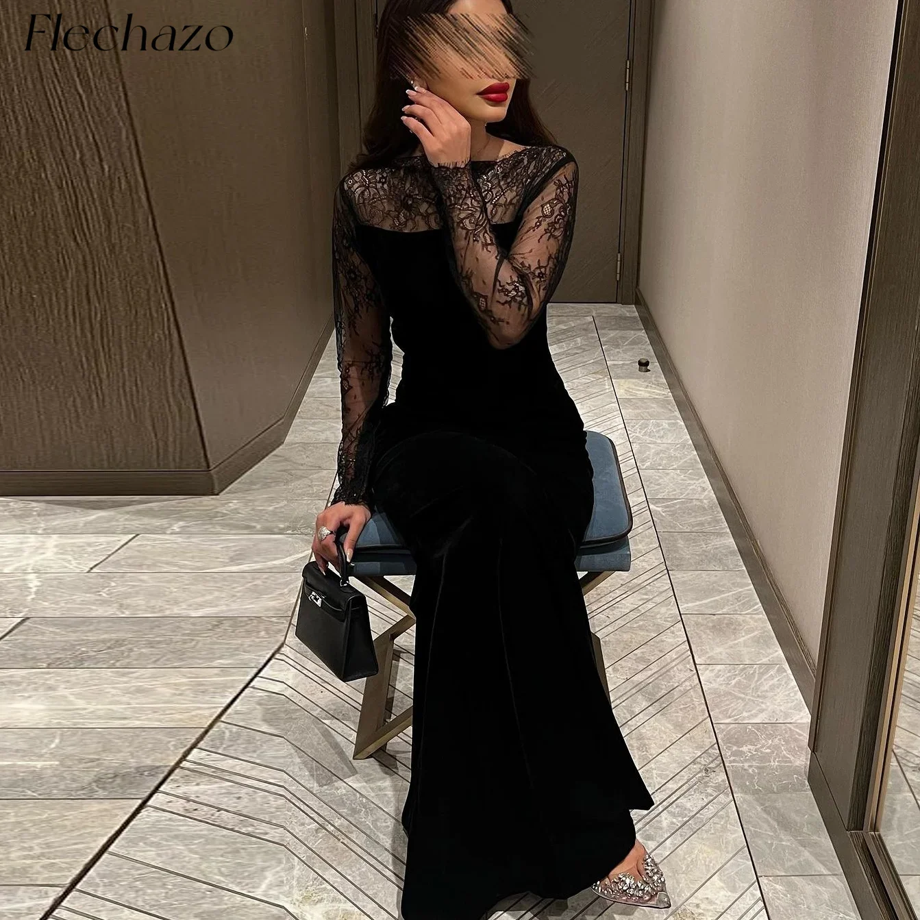 

Flechazo Black Evening Dresses Boat Neck Lace Backless Mermaid Formal Party Simple Elegant Dress For Women 2024فستان حفلات الزفا