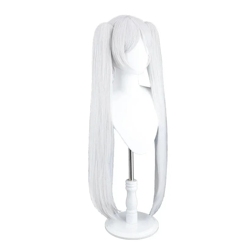 Rolecos anime sousou no frieren frieren cosplay perucas 90cm tira cor branca peruca duplo rabo de cavalo resistente ao calor cabelo sintético