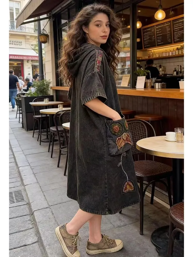 Amax LuluE Summer Vintage Loose Denim Dress Ladies 2026 Fashion Causal Embroidery Vestidos Womens British Classic Luxury Clothes