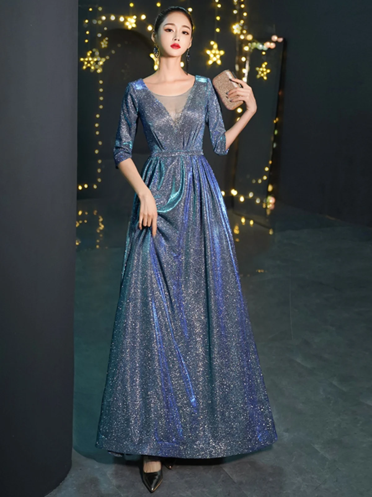 Ele Long Evening Gown Women's Sle Deep V Ne Polyester Fabric Adult Ceremony Host Dr Luxury Lace Splicing