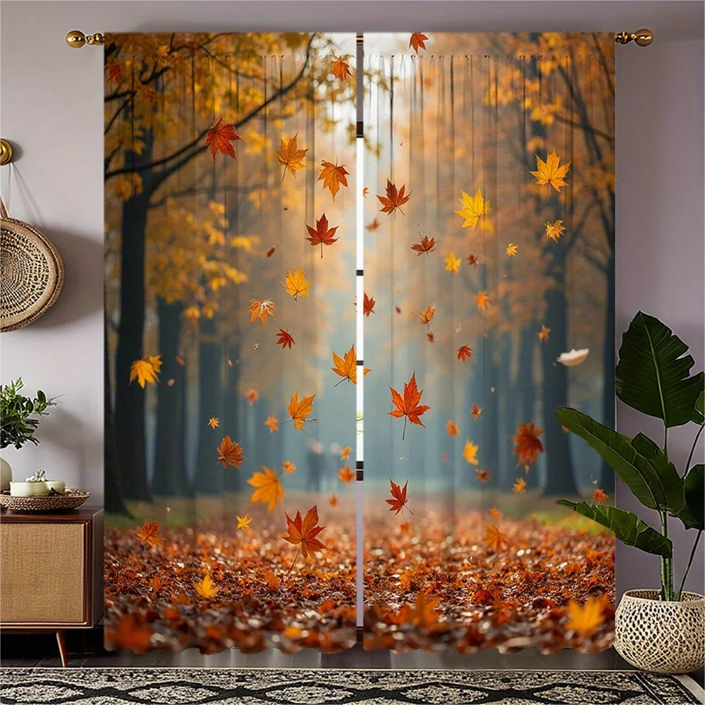 Autumn Forest Curtains 2pcs – Photorealistic Falling Leaves & Maple Trees, Warm Fall Nature Scene for Living Room Decor