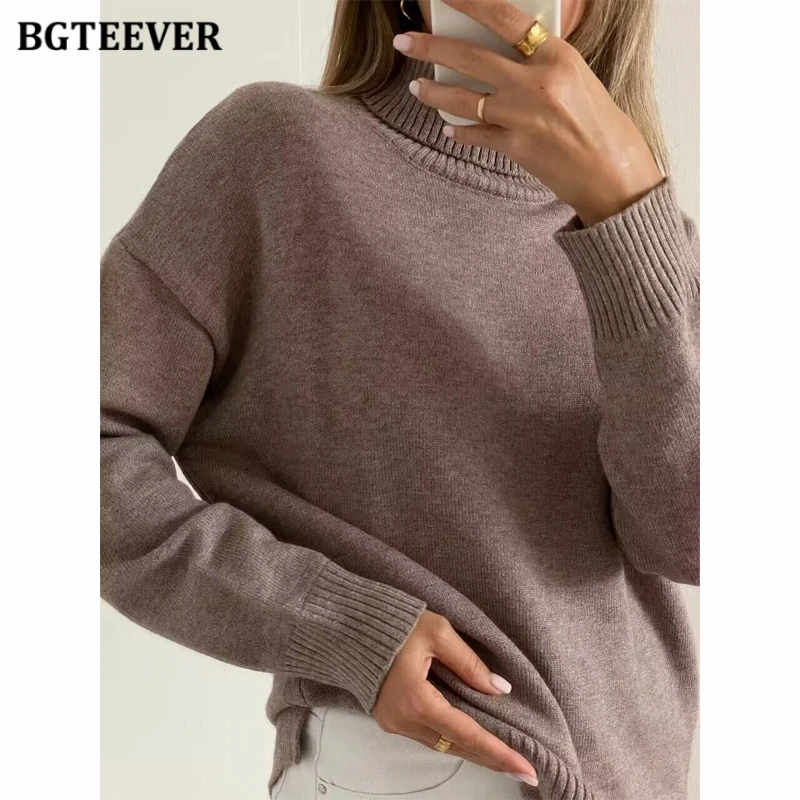 BGTEEVER Fashion Turtleneck Sweaters Women Autumn Winter Warm Pullovers Long Sleeve Loose Ladies Knitting Jumpers