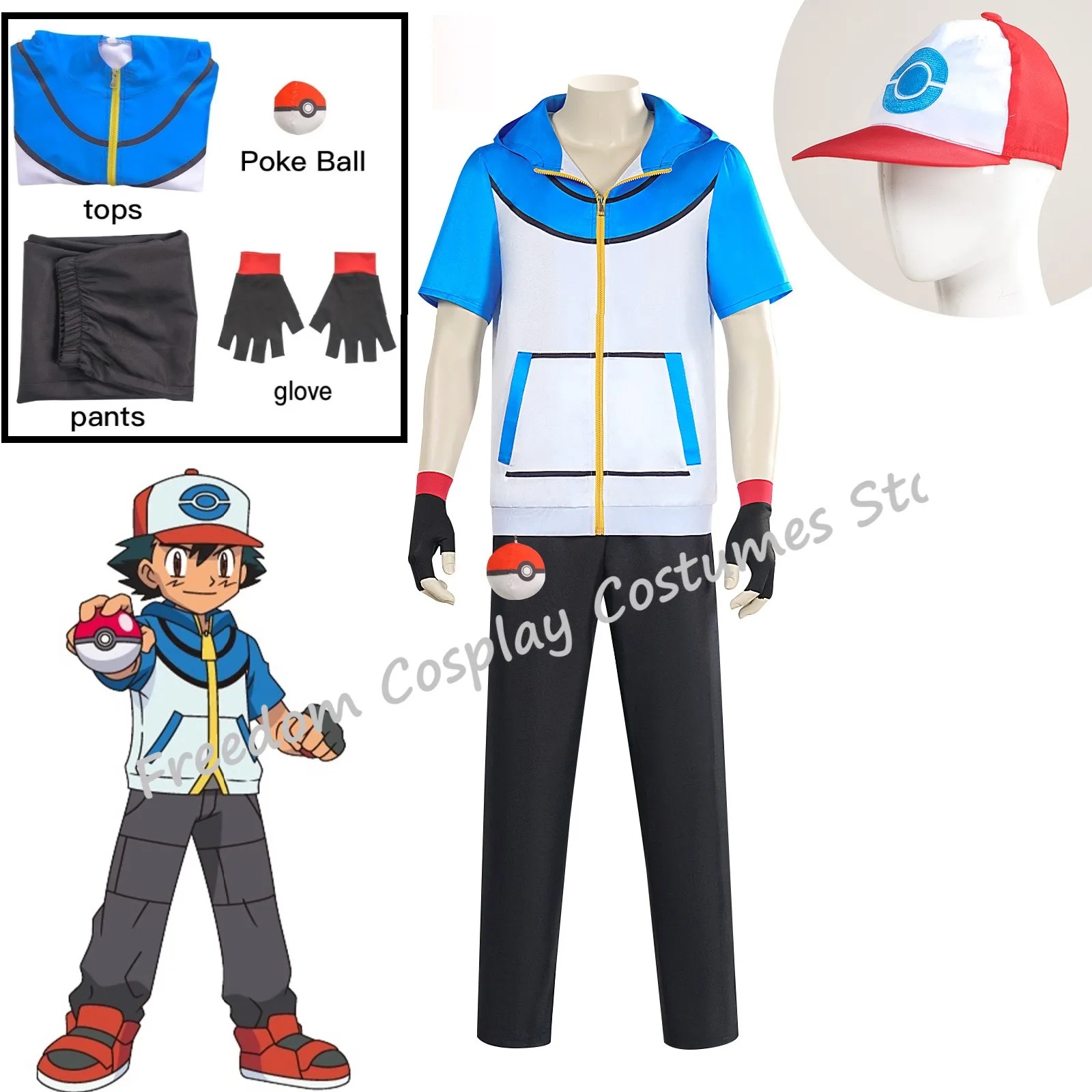 

adult kids Ash Ketchum Anime Trainer Cosplay Traje para homens e mulheres, jaqueta azul, boné e luvas, de Halloween cosplay