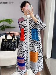 Spring 2024 New Miyaki Pleated Stand Collar Single Breasted Color Block Elegant Women's Dress Loose Mid Length Cardigan