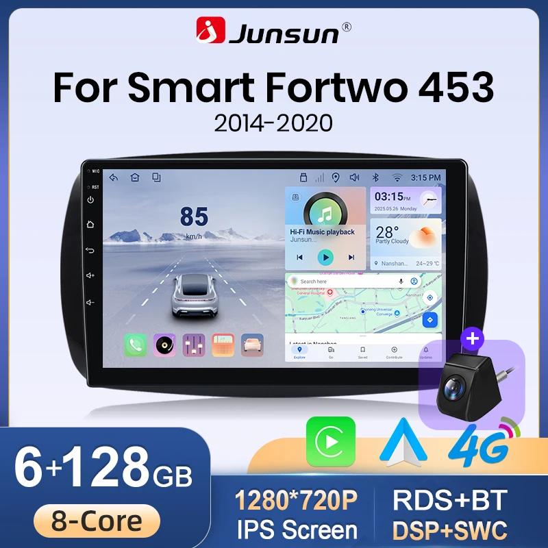 Junsun Android Auto Autoradio für Mercedes Benz Smart 453 Fortwo 2014 2015 2016-2020 Multimedia Wireless Apple CarPlay Intelligente Systeme IPS Touchscreen Stereo Videoplayer 2 Din Autoradio Head Unit