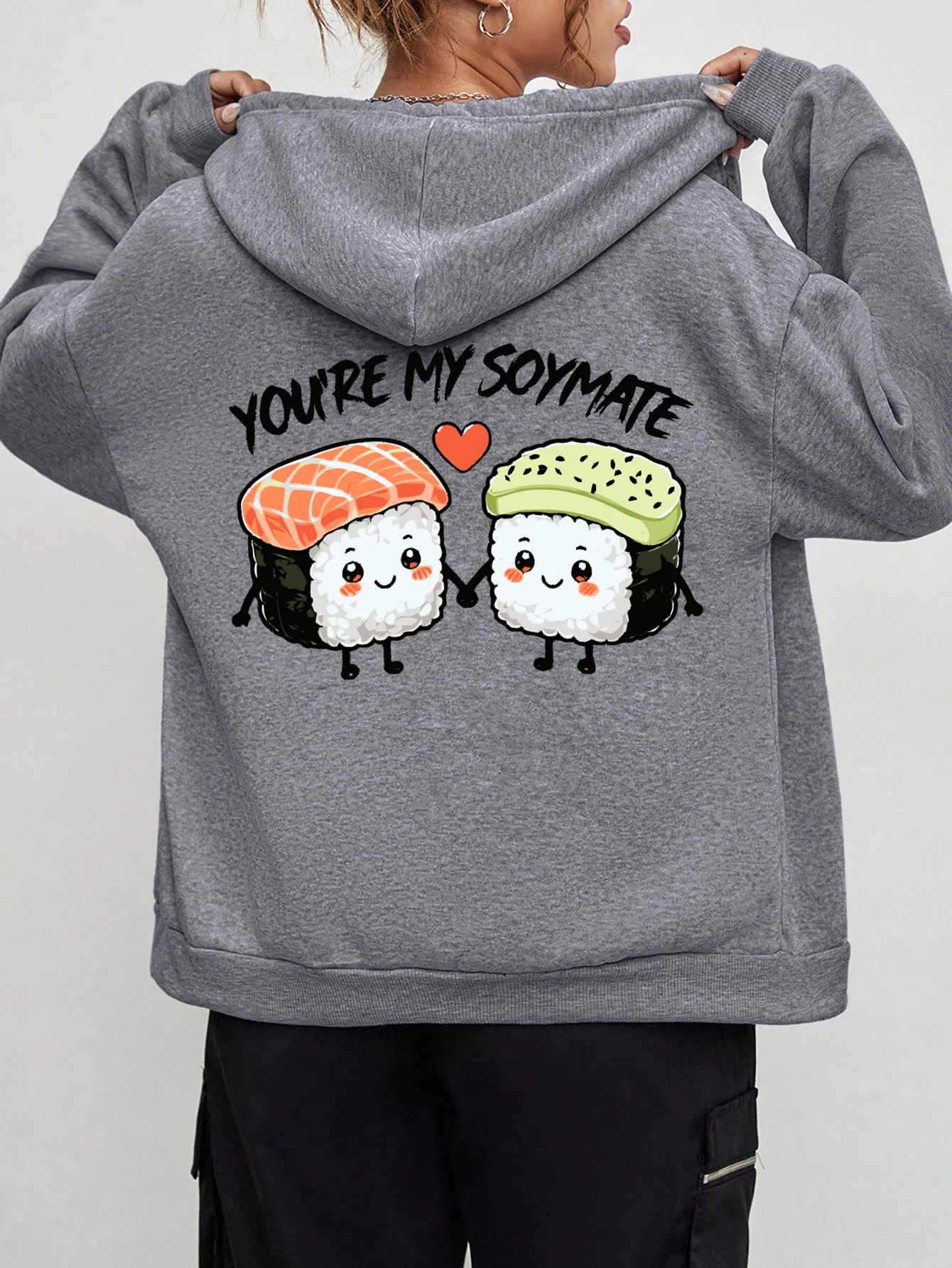 

You Are My Soymate суши с принтом на молнии, женские мягкие толстовки в стиле хип-хоп, флисовая свободная одежда, повседневная уличная женская толстовка