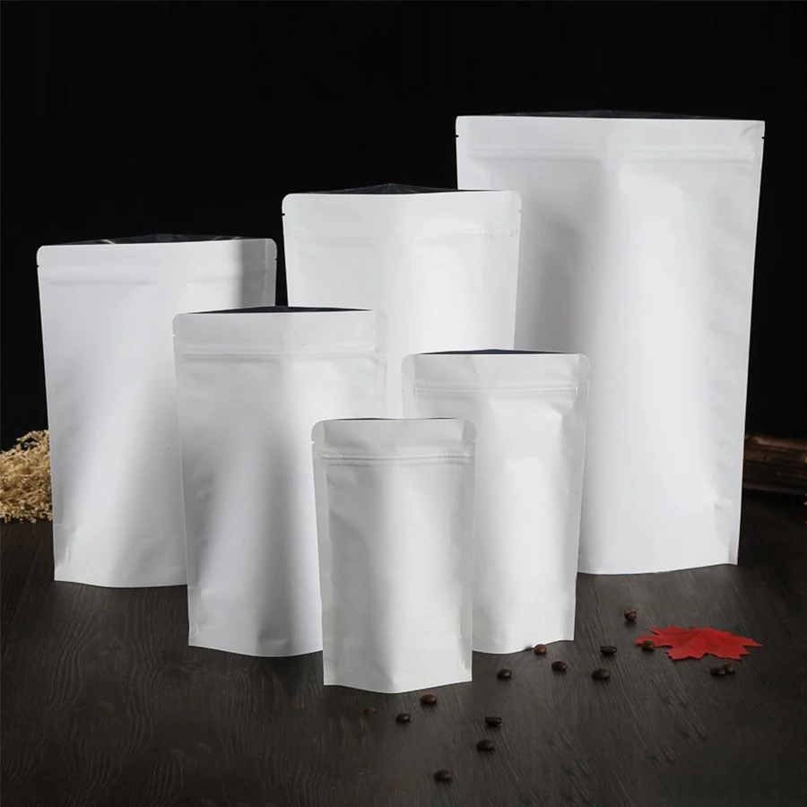

100pcs Matte White Stand Up Pouches Food Grade Aluminum Foil Seal Bags Opaque Storage Bags Coffee Tea Packaging