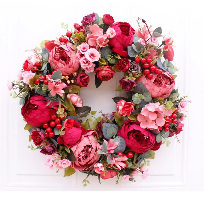 

Artificial Peony Christmas Wreath Silk and Natural Rattan