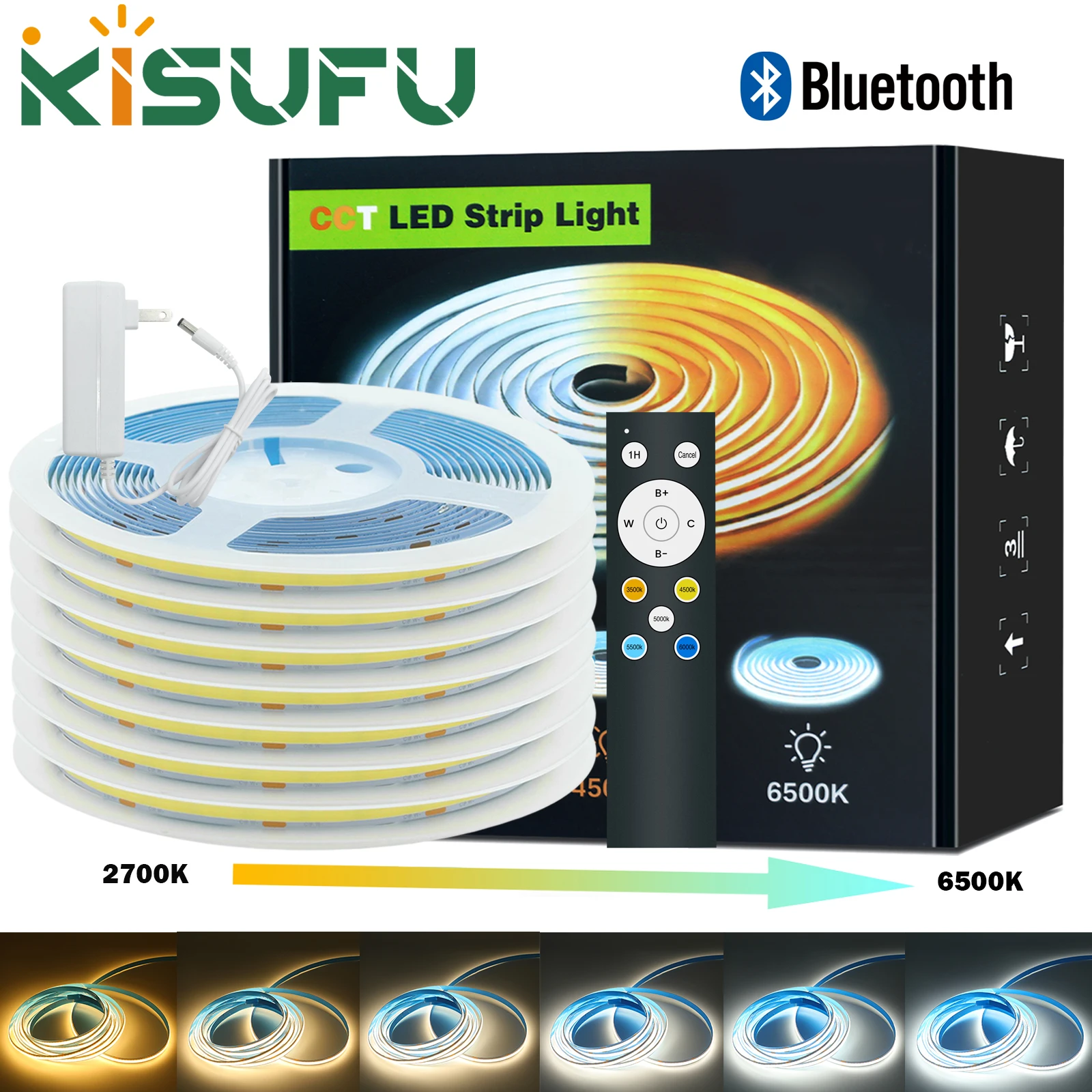 

10M 5M 2M Bluetooth CCT COB Светодиодная лента Комплект ЕС/США 24V 576LEDs/M 2700K до 6500K Сменное линейное освещение Домашний праздничный декор