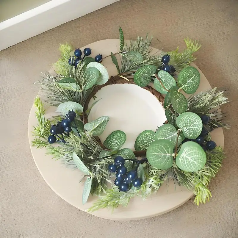 Small Winter Wreath Eucalyptus Leaves Blueberry Candle Wreath Table Centerpieces Holiday Wedding Decor Artificial Greenery