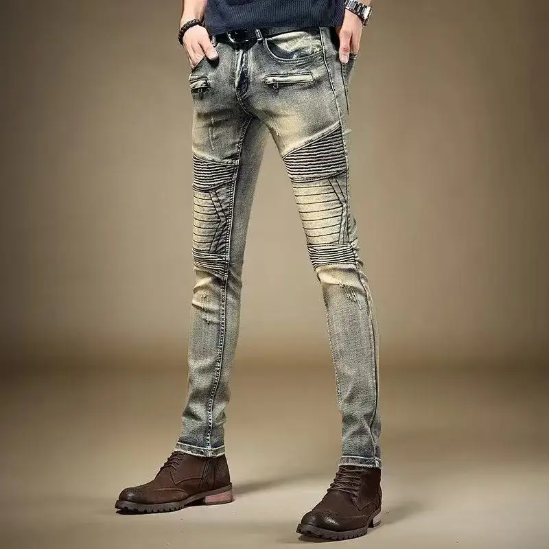 

2025 Jeans Men's Small Straight Leg Denim Design Pants New Slim Fit Long Pants High Street Classic High Quality Mens