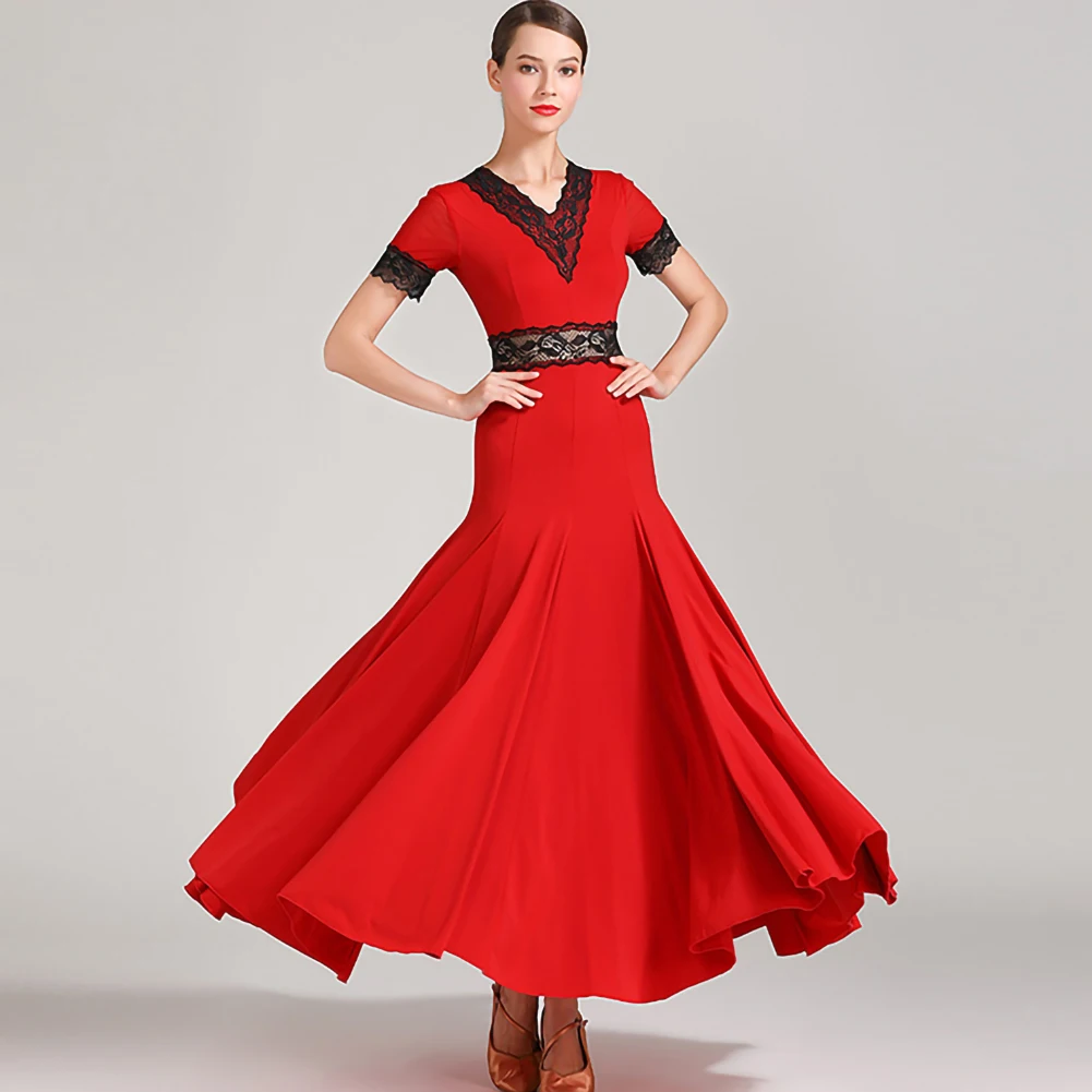 

Short Sleeve Waltz Competition Costume Red Ballroom Dancewear Ice Silk Costumes for Women 2025 Black V-neck New in Dresses Dress