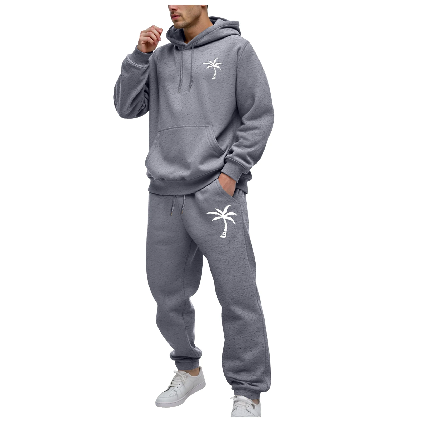 

34s Suit Men's Casual Hooded Sweatshirt And Pants Two Piece Set Coconut Tree Print Suit Fabric Velvet Suits for Tall Men