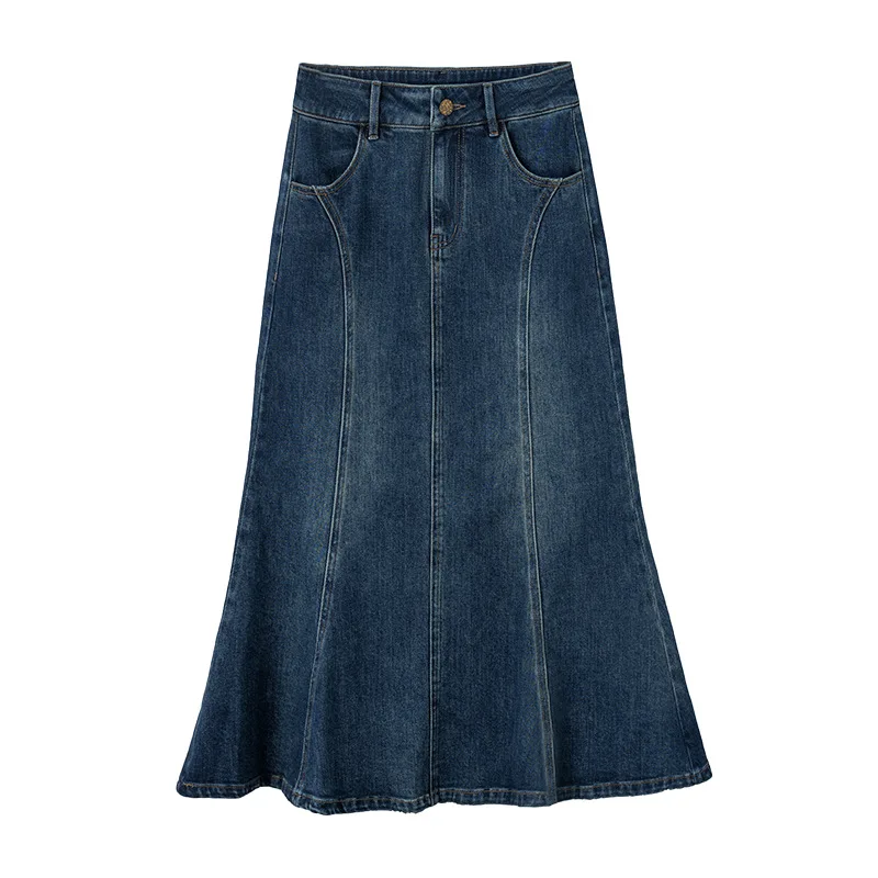 تنورة من قماش الدنيم للربيع والخريف على شكل ذيل السمكة للنساء، طراز عتيق، متوسط الطول، مكشكشة على شكل حرف A، نصف تنورة ضيقة