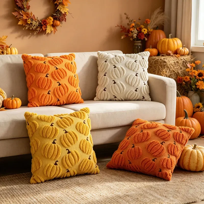 Cross-border solid color simple embroidered wool throw pillow household pillow office waist cushion cover ins wind pumpkin