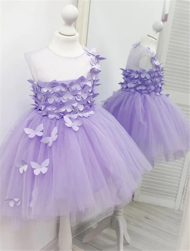 Vestido de tul lila con mariposas 3D para niña, traje de tutú infantil con cuello transparente, regalo de cumpleaños y Navidad, novedad