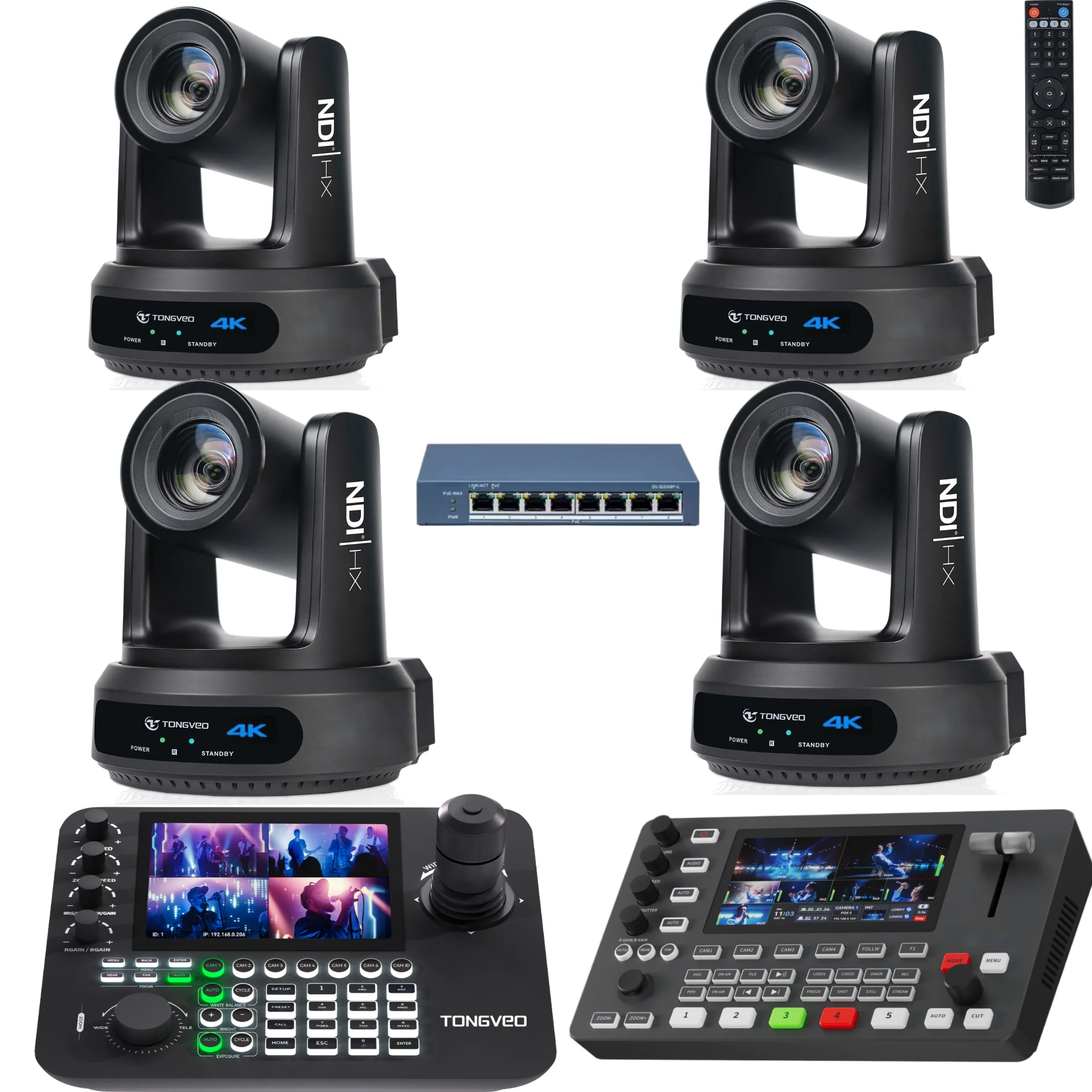 20X 4K60fps NDI PTZ Live Streaming Camera Kit with Video Switcher+Joystick Controller+PoE Switch for Church, Studio, Conference