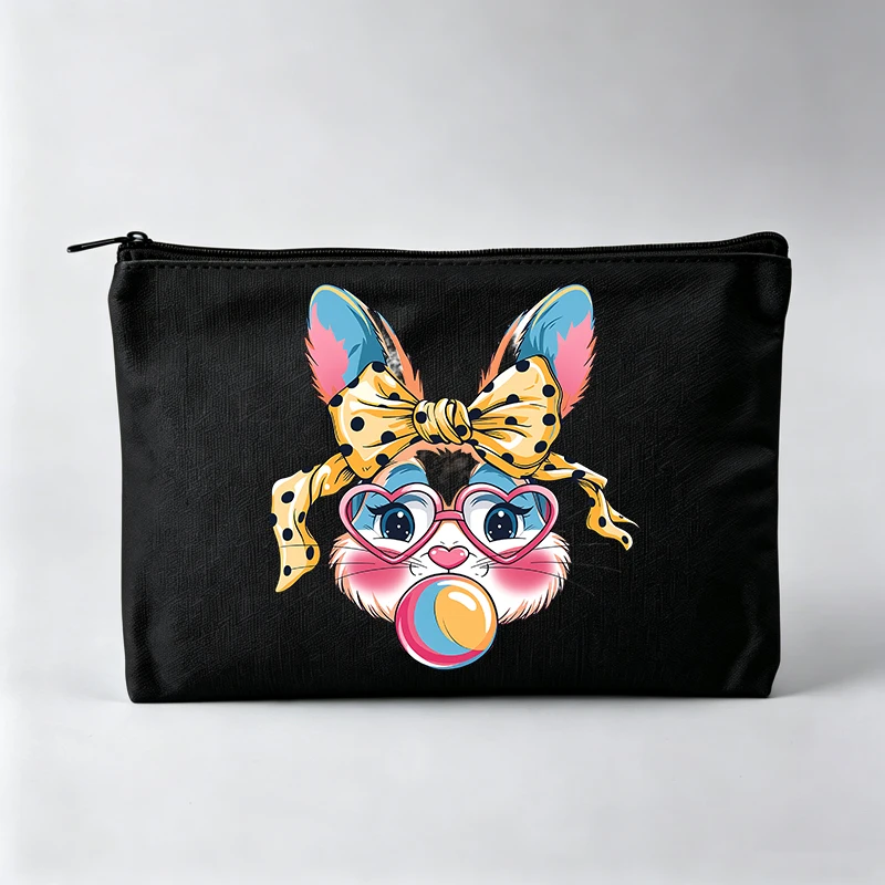 Women's Cute Rabbit Graphic Makeup Bag with Bow and Heart Glasses, Zipper Cosmetic Pouch for Daily Use