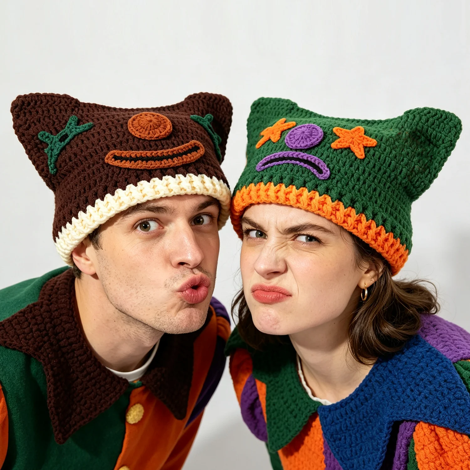 Women/Men Cat Ear Clown Handmade Crochet Beanie Happy Face Contrasting Colors Knit Hat Y2k Cute Halloween Party Cosplay Cap