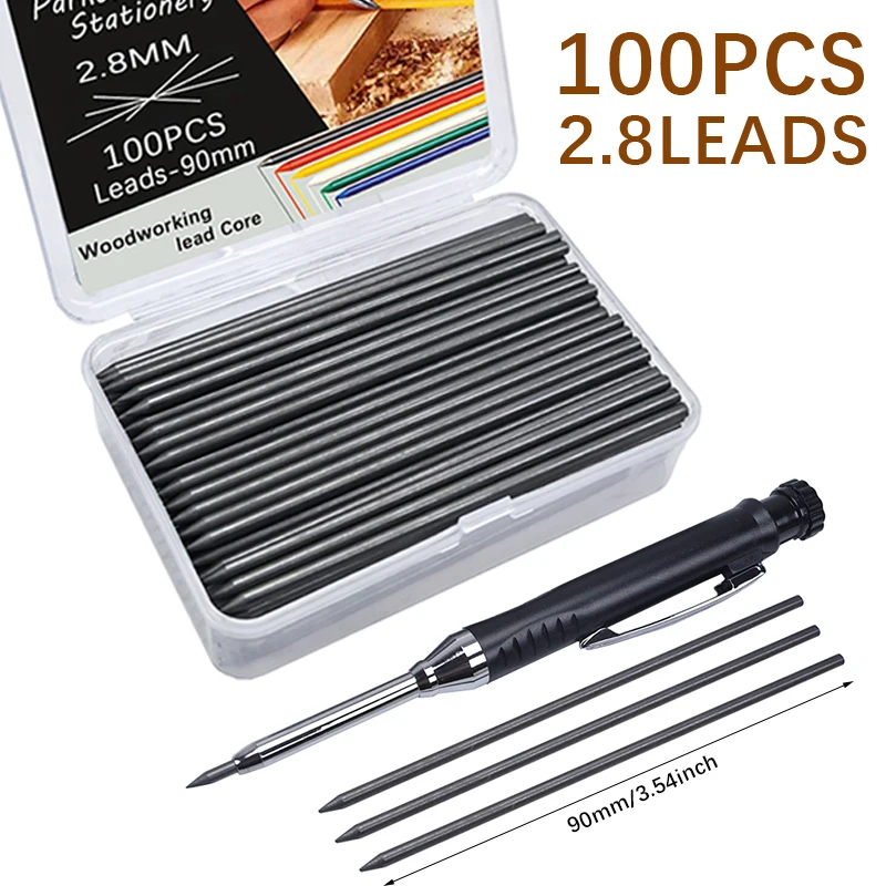 50/100Pcs 2.8mm Large Capacity Black Solid Carpenter Pencil Replaceable Leads,Deep Hole Marked Lead Core Woodworking Lead Core
