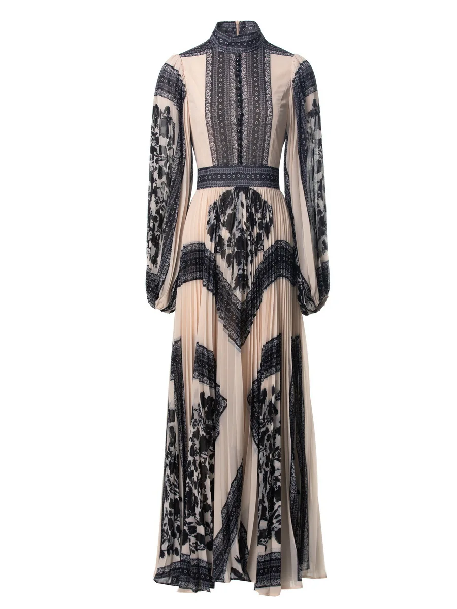 

2025 European and American women's clothing summer new Long sleeve standing collar Fashion flower printing Pleated dress XXL