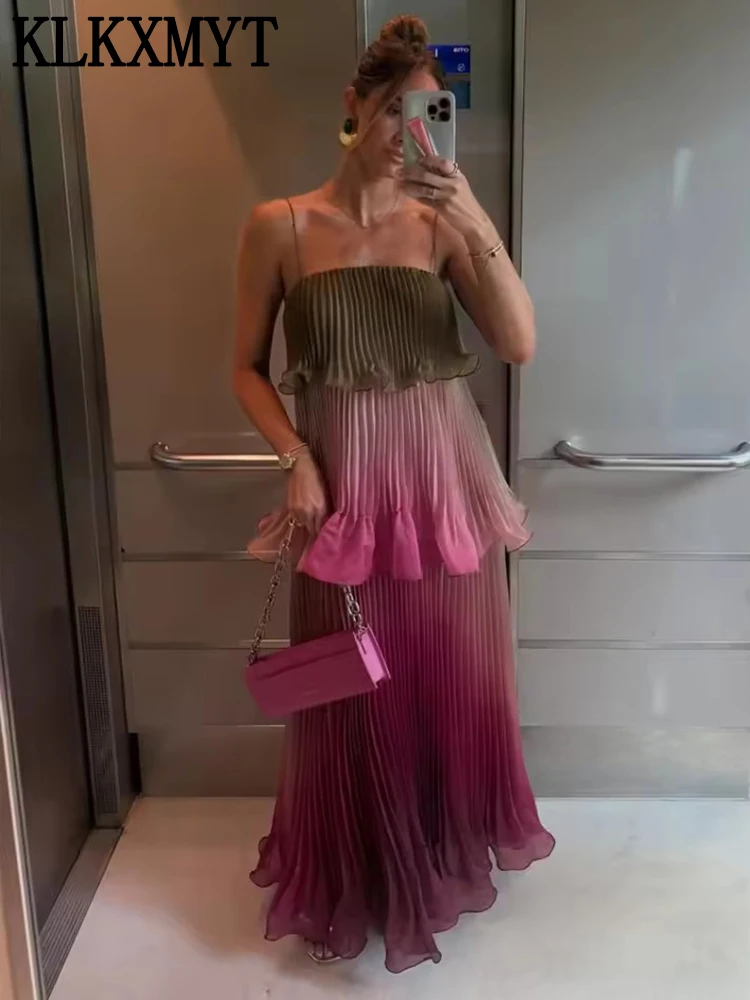 KLKXMYT Chic Gradient Color Pleated Women Maxi Dress Elegant Thin Strap Ruffle Tiered Dresses 2026 Summer Lady Vacation Dress
