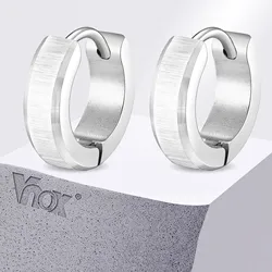 Vnox Brush Stainless Steel Hoop Earrings for Men Boys, Slant Edge Small Hoops, Never Fade Silver Color Metal Simple Jewelry