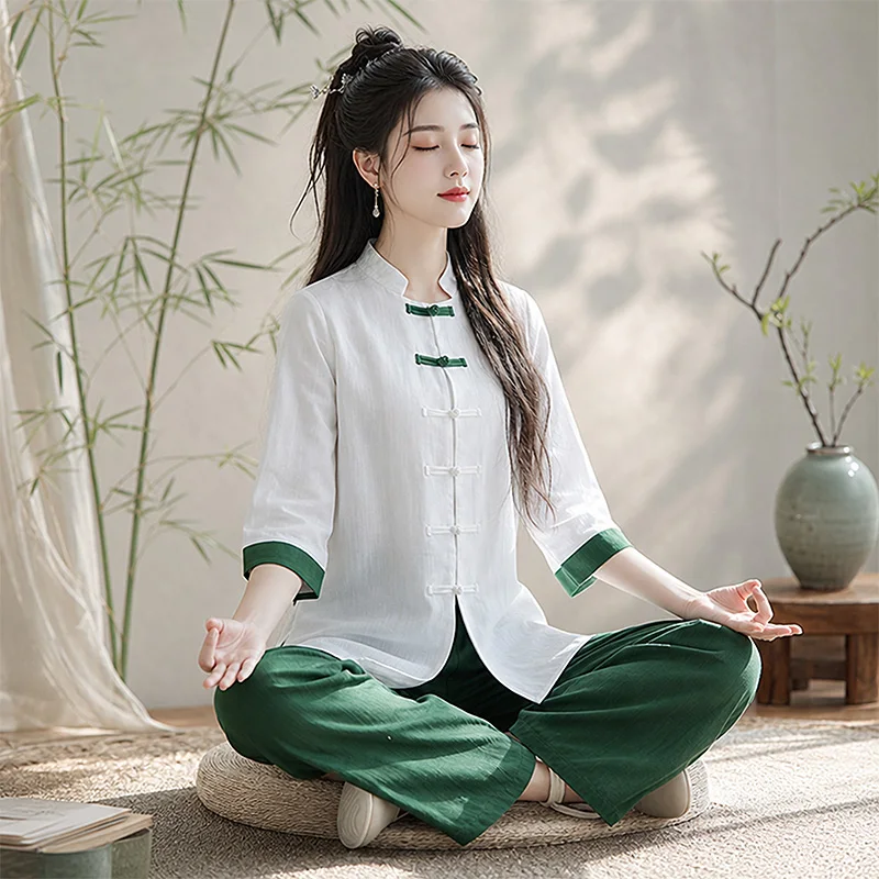 Women's Premium Zen Lay Buddhist Clothing - Meditation & Tai Chi Outfit, Loose Fit Breathable Cotton Linen with Embroidery