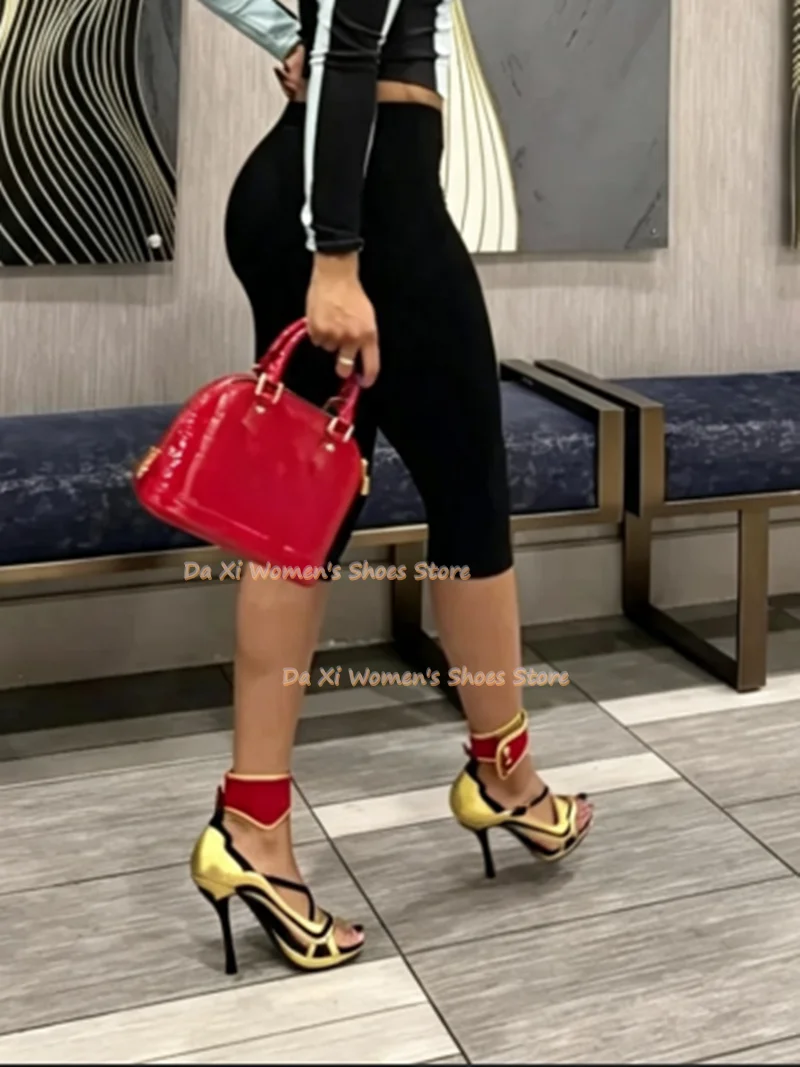 Retro Color Blocking Asymmetry Ankle Straps High Heel Red And gold Color Blocking Cross Straps Open Toes  Stilettos Sandals