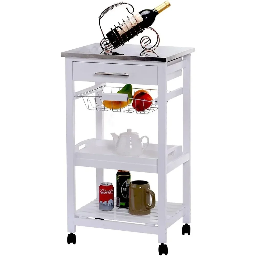 Rolling Kitchen Island Serving Utility Cart Dining Portable Mobile Trolley Stainless Steel Top Removable Cookware Storage Basket