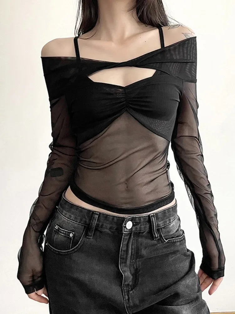 Slim See Through Black Y2k Top Sexy Streetwear Ropa De Mujer Fashion Aesthetic Clothes Slash Neck Long Sleeve Shirts For Women