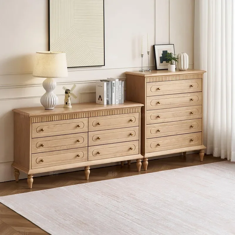 French Retro Ash Wood Chest of Drawers 6 Drawer Bedroom Storage Cabinet Living Room Wall Sideboard Log Color Dresser