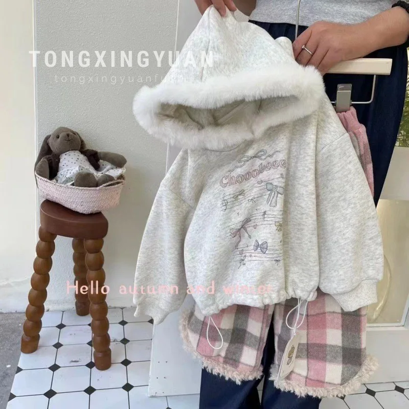 

Children's Clothing2024Autumn and Winter Girls Gray Fleece-Lined Sweater Suit Baby Girl Autumn Plaid Casual Trousers Tide