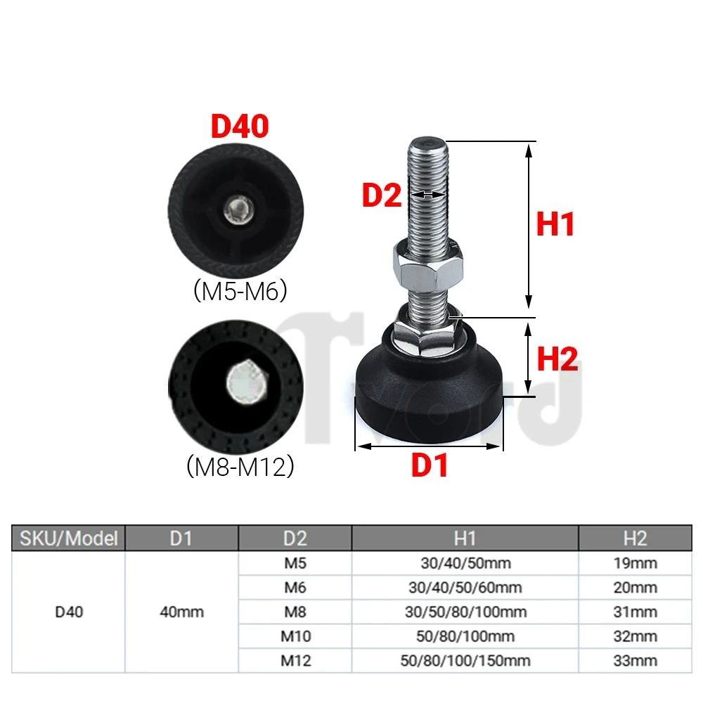 4Pcs/Lot Adjustable Lathe Leg Dia 40mm Thread Type Adjustable Levelling Feet Swivel Base Articulating Legs M5/M6/M8/M10/M12