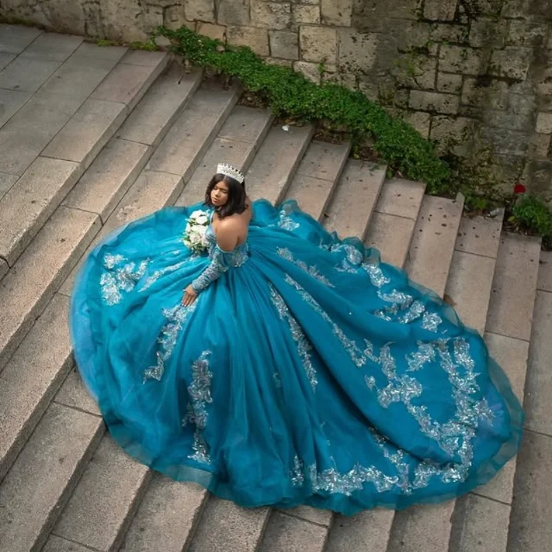 맞춤형 공작 블루 Quinceanera 드레스 오프 숄더 Tull 스팽글 아플리케 3D 꽃 레이스 Vestido De 15 Quinceanera