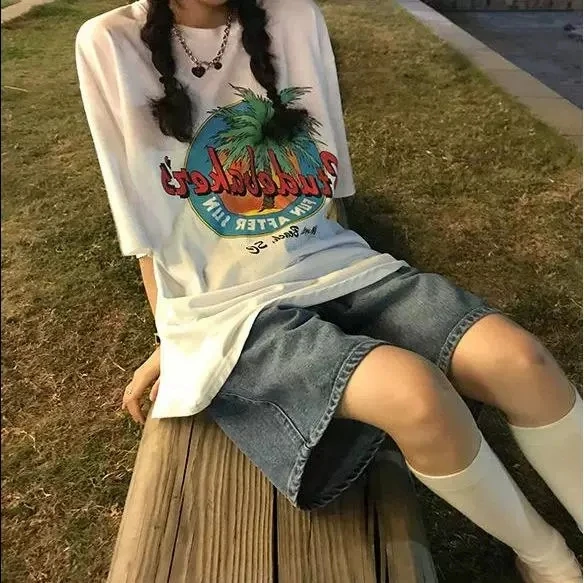 

High Waist Straight Leg Jeans Shorts Women's Summer Thin Large Size Loose Fit High Waist Slimming Wide Leg Five-Quarter Pants