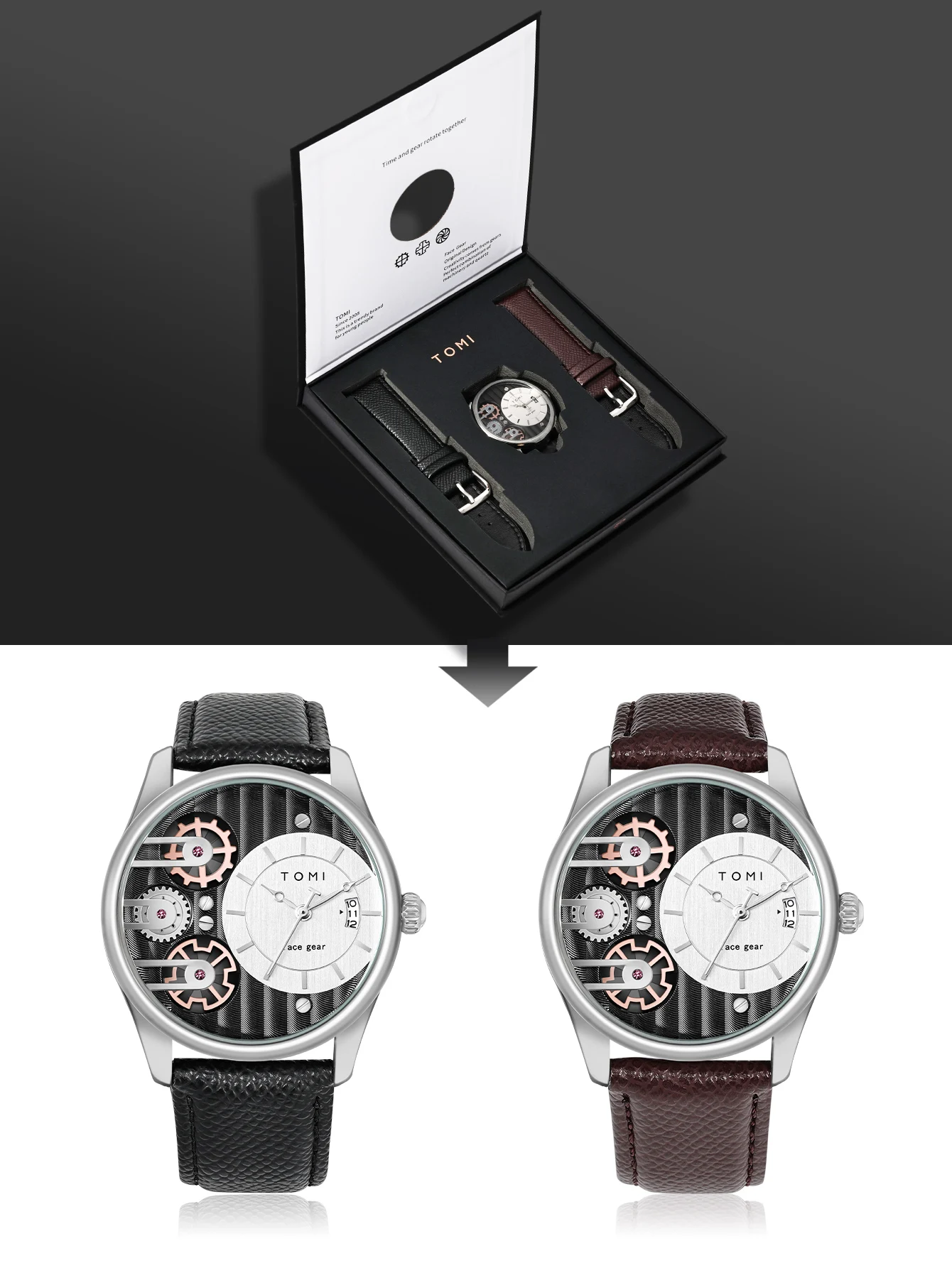 Tomi Herren Geschenk box Kombination Set Uhr Luxus und einfache Business abnehmbare Armband Quarzuhr Herren uhr Festival Geschenk – Detail 1