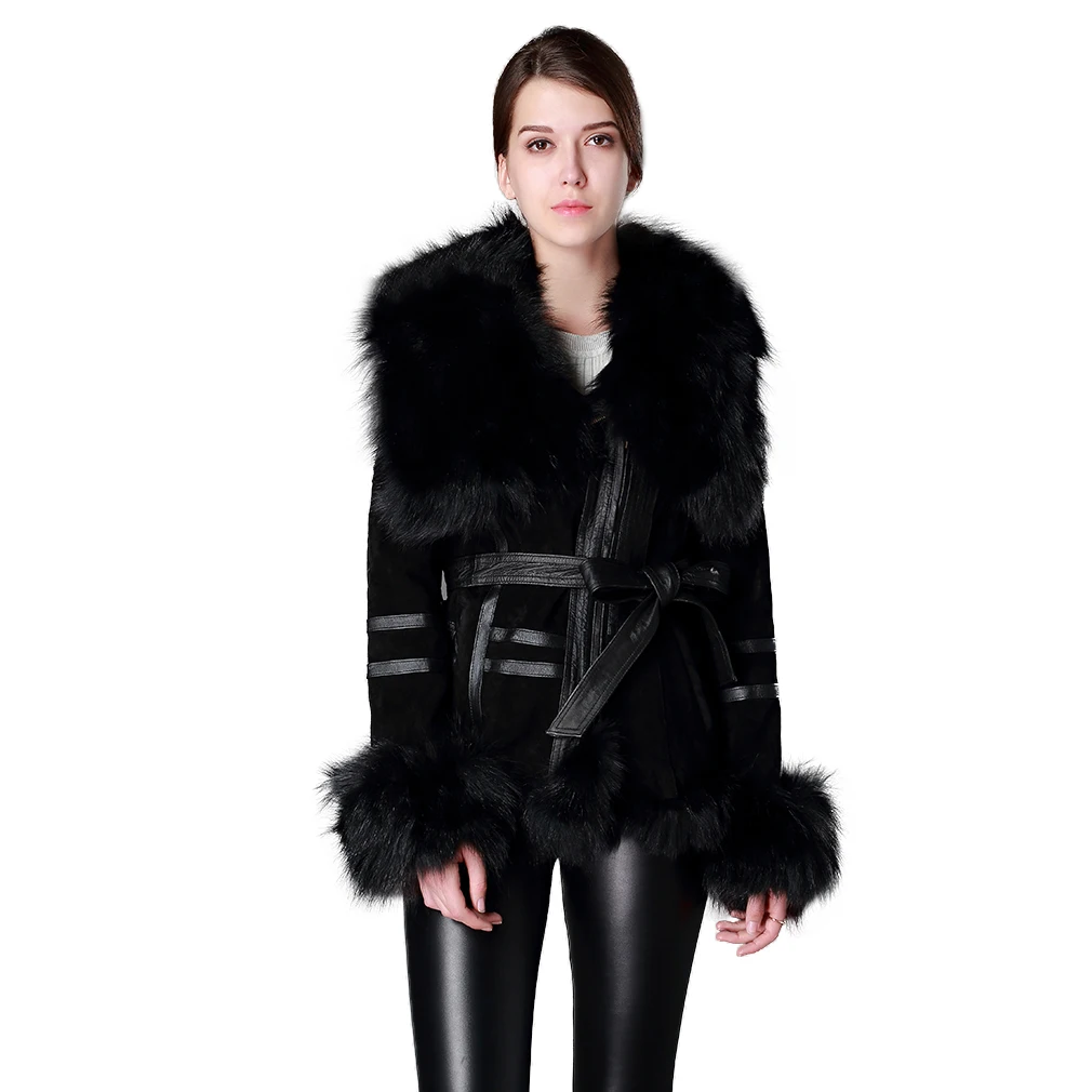 Women Genuine Leather Coat Fox Fur Collar Cuffs and Hem Black Jacket Fur Story FS13055