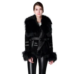 Mulheres Couro Genuíno Casaco Fox Fur Collar Algemas e Hem Black Jacket Fur História FS13055