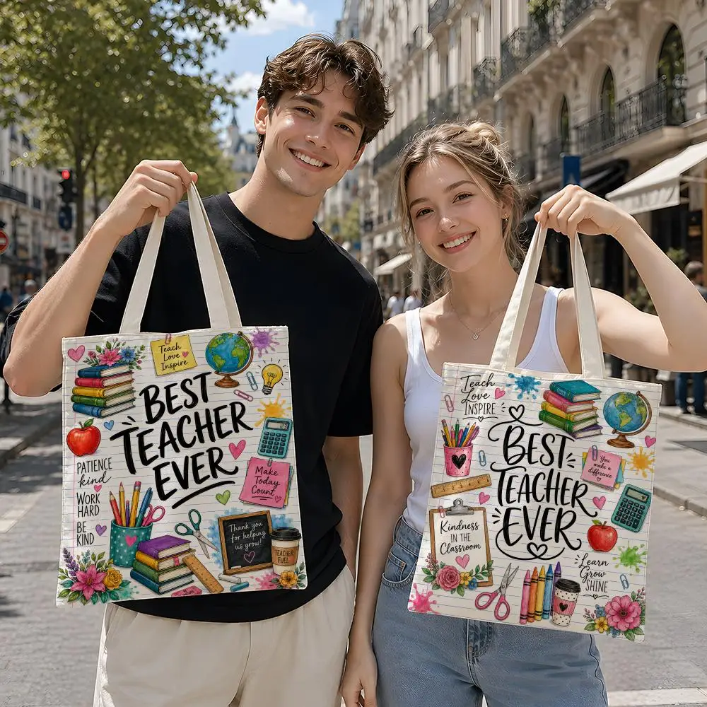 BEST TEACHER EVER Storage Bags Reusable Canvas Tote Suitable for School Class Commuting Shopping as Gifts
