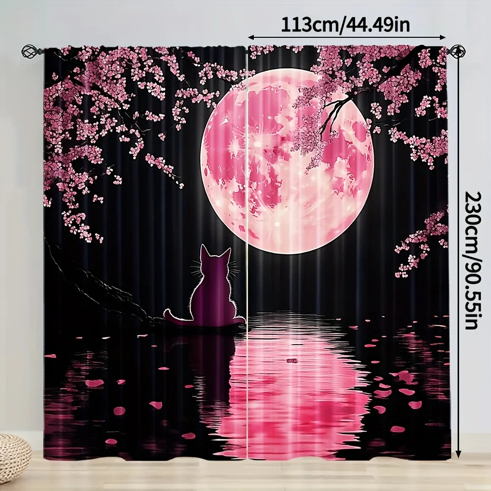 

Pink Cherry Blossom Curtains Black Background Art Print Window Drapes Japanese Style Home Decor Living Room Bedroom Unique
