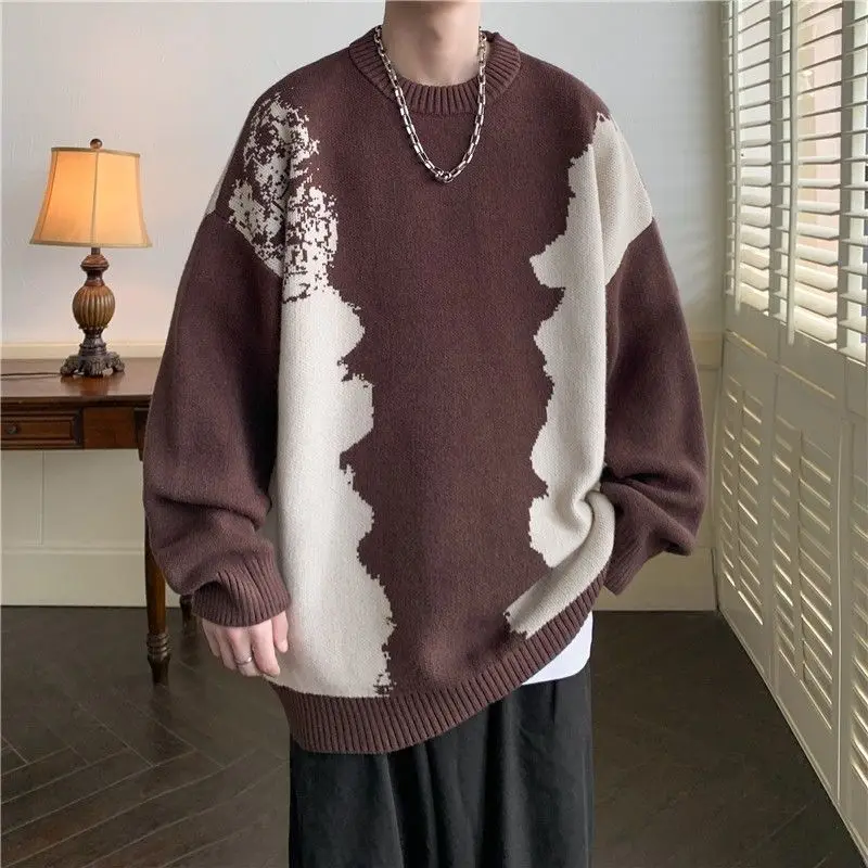 2024 Autumn Winter Spliced Pullovers Knitted Stylish Contrasting Colors Men's Clothing O-Neck Loose Vintage Long Sleeve Sweaters