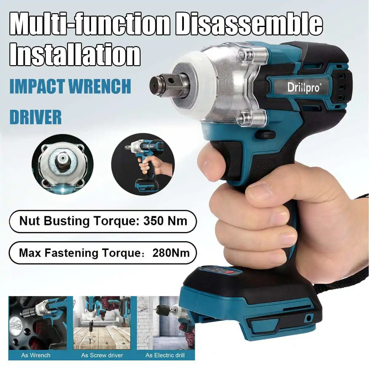 

Drillpro 350NM Brushless Electric Impact Wrench 1/2 inch Cordless Wrench Screwdriver Drill Power Tools For Makita 18V Battery