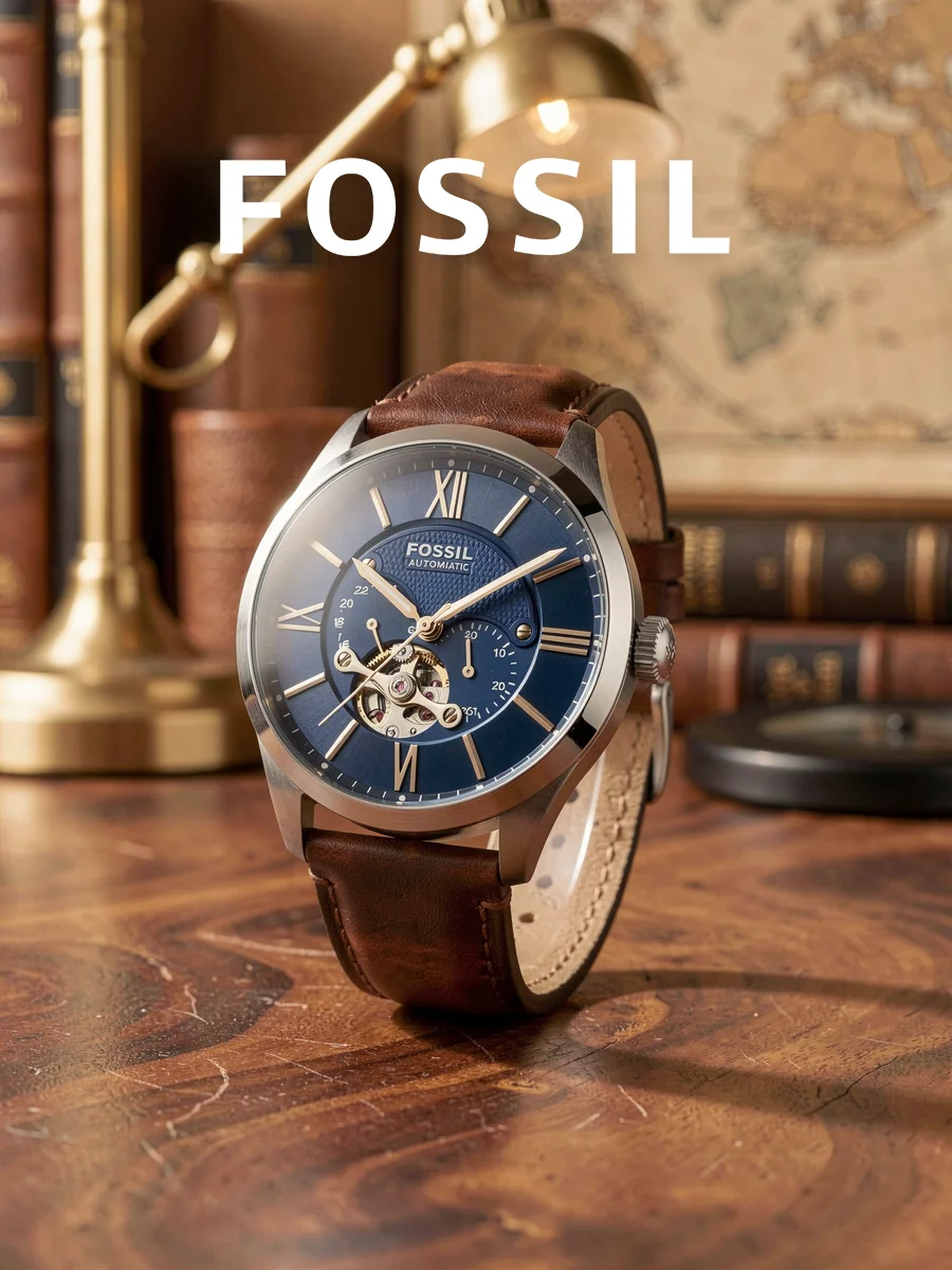 Fossil Men’s Townsman Analog Watch, Silver Case Brown Leather Strap Blue Satin Skeleton Dial ME3110