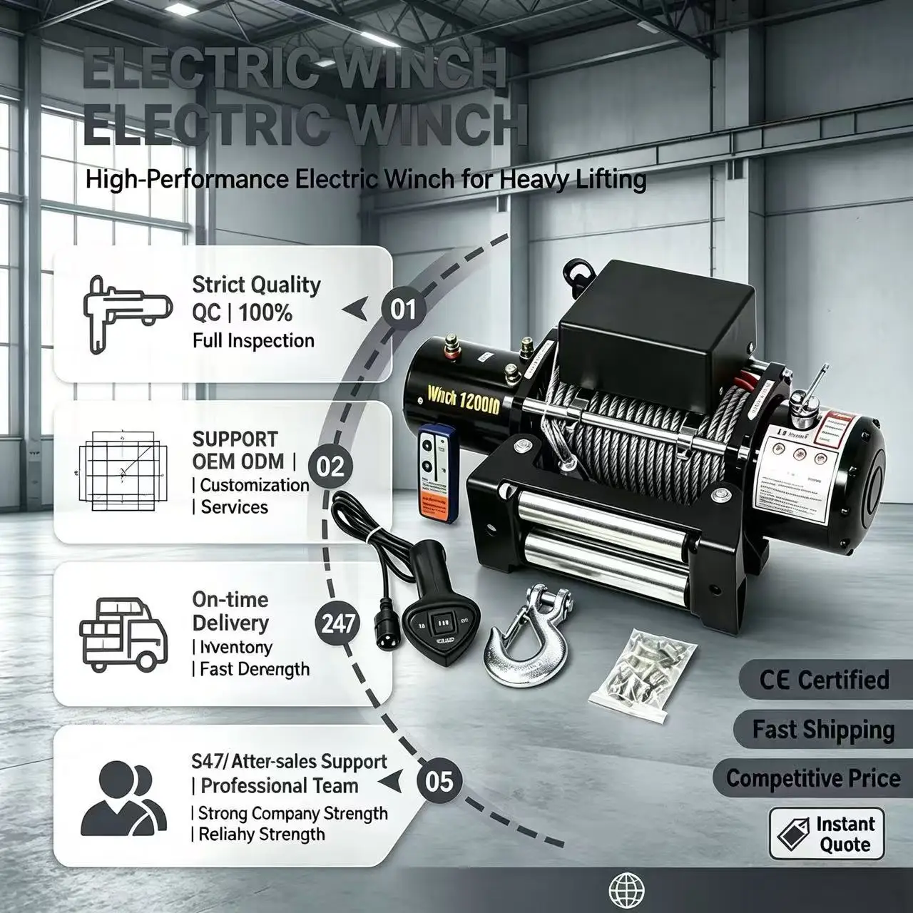 Factory Direct Electric Winches 12000LBS Electric Winch Wireless Remote Control For Boat Anchor Winch 12v Electric IP67