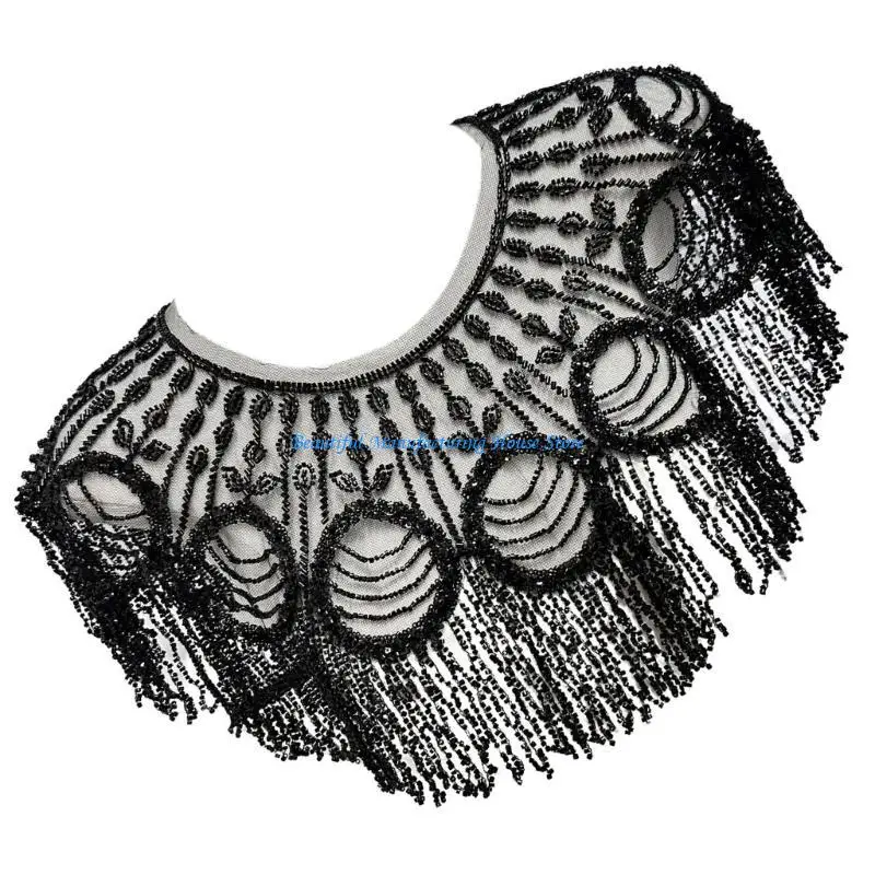 E56A Women's 1920s Beaded Tassels Embroidery Sequins Shawl Wrap Fringed Evening Party Capes Wedding Bridal Cover Up Scarf